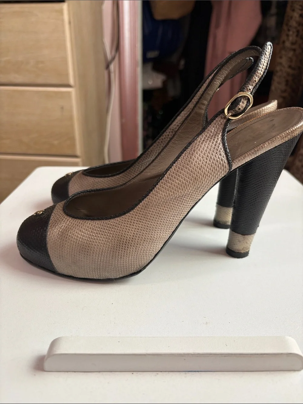 CHANEL Beige and Black Leather Slingback Pumps with CC Medallion